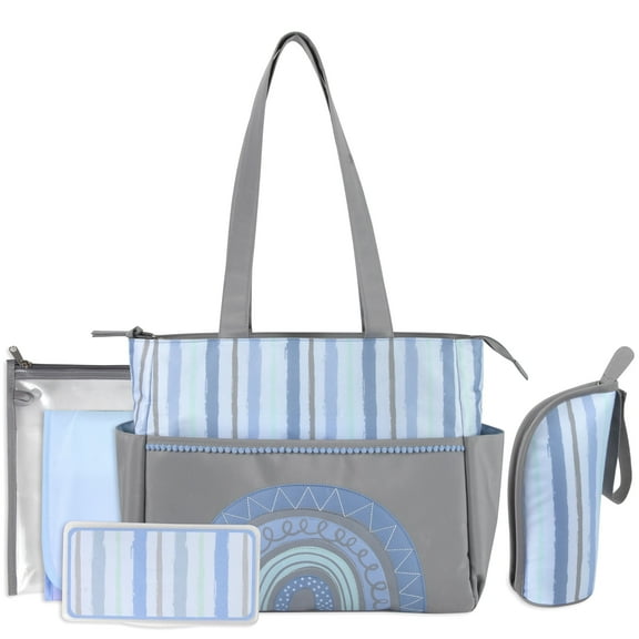 Baby Essentials 14.5"L Rainbow 5 Piece Multi-Pocket Diaper Bag Tote with Matching Changing Pad, Baby Wipes Case, Insulated Bottle Bag & Organizer Pouch for Newborns, Infants & Toddlers in Blue & Gray