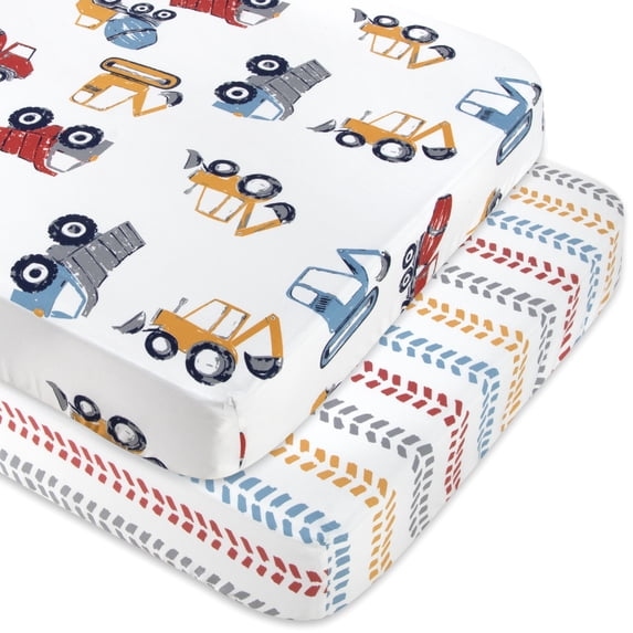 Baby Essentials 2 Pack of 52”L x 28”W Standard Microfiber Patterned Fitted Elastic Baby Crib Sheets for Newborns, Infants and Toddlers Nursery, Crib, Bed and Mattress in Trucks & Tire Tracks