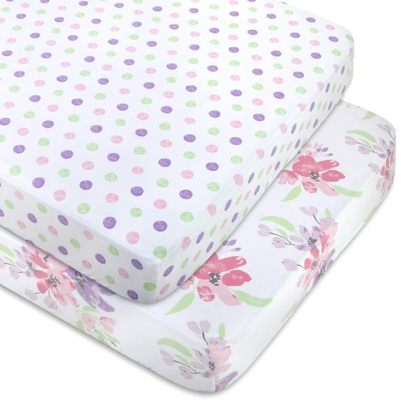 Baby Essentials 2 Pack of 52”L x 28”W Standard Microfiber Patterned Fitted Elastic Baby Crib Sheets for Newborns, Infants and Toddlers Nursery, Crib, Bed and Mattress in Flowers & Polka Dots