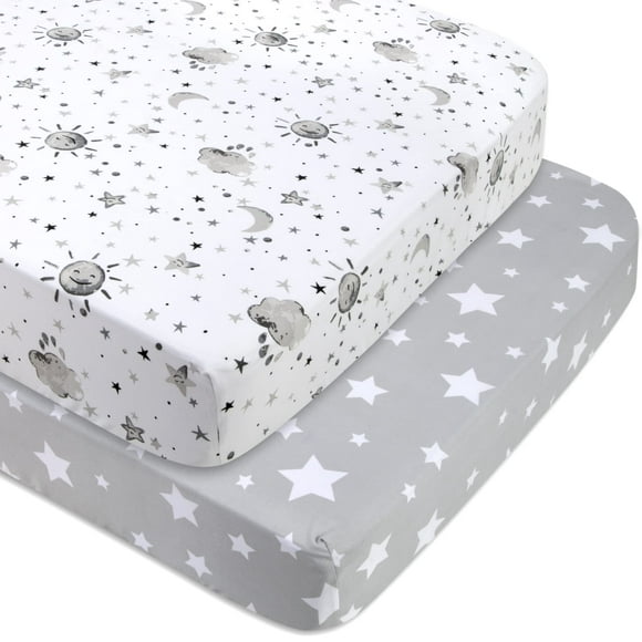 Baby Essentials 2 Pack of 52”L x 28”W Standard Microfiber Patterned Fitted Elastic Baby Crib Sheets for Newborns, Infants and Toddlers Nursery, Crib, Bed and Mattress in Stars & Moons