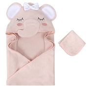 Baby Essentials 2 Piece Hooded Cotton Bath Towel and Washcloth Set for Infants, Newborns and Toddlers 3 – 24 Months for Bath Time, Showers, Lounge, Beach and Pool in Delicate Pink Elephant