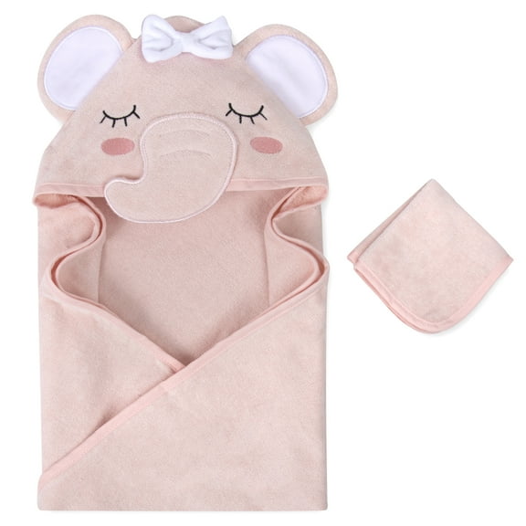 Baby Essentials 2 Piece Hooded Cotton Bath Towel and Washcloth Set for Infants, Newborns and Toddlers 3 – 24 Months for Bath Time, Showers, Lounge, Beach and Pool in Delicate Pink Elephant