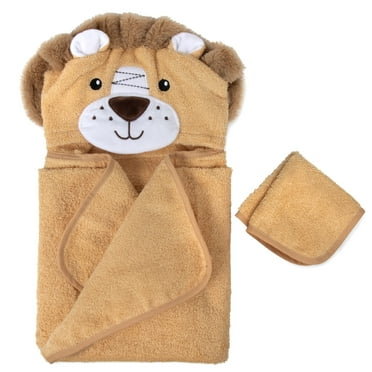 Baby Essentials 2 Piece Hooded Cotton Bath Towel and Washcloth Set for Infants, Newborns and Toddlers 3 – 24 Months for Bath Time, Showers, Lounge, Beach and Pool in Lively Little Lion