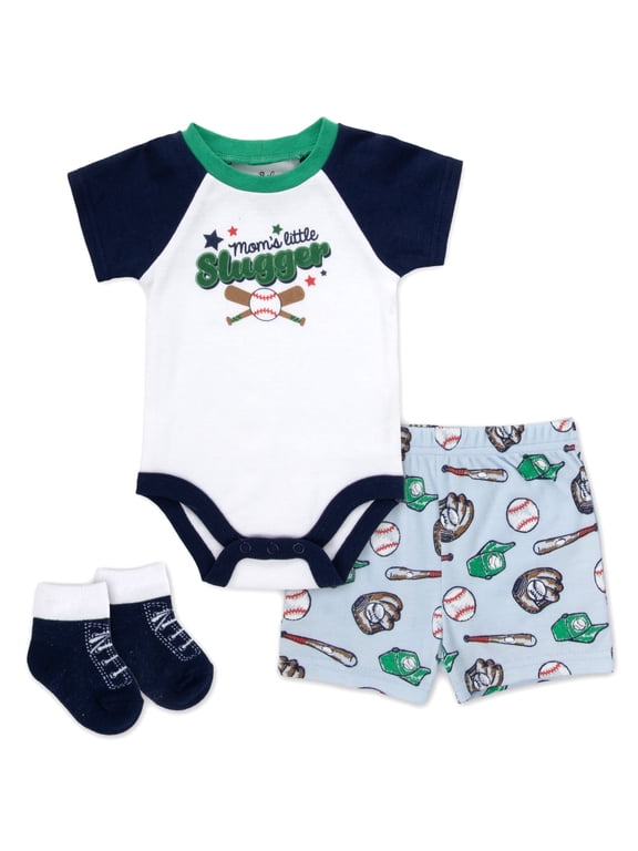 3 Months Infant Boys 3 Piece Bodysuit, Shorts, Socks Set Spring Summer Cotton Polyester Outfit in Mommy's Little Slugger Print