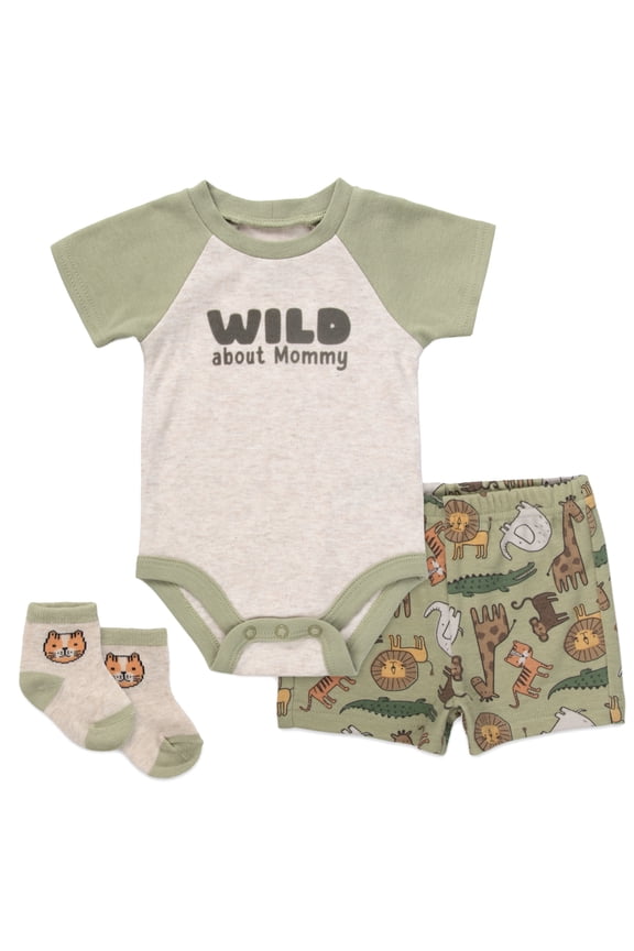 3 Months Infant Boys 3 Piece Bodysuit, Shorts, Socks Set Spring Summer Cotton Polyester Outfit in Wild About Mommy Print