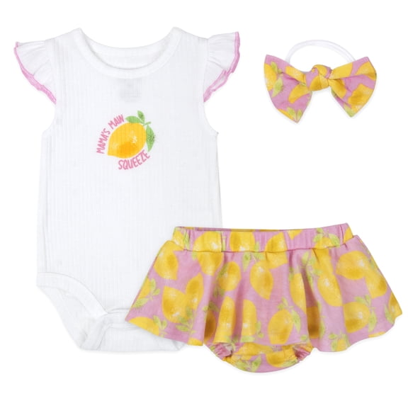 Baby Essentials 3 Months Infant Girls 3 Piece Bodysuit, Bloomers, Headband Hairbow Cotton Polyester Spring Summer Outfit in Yellow Lemon Pink