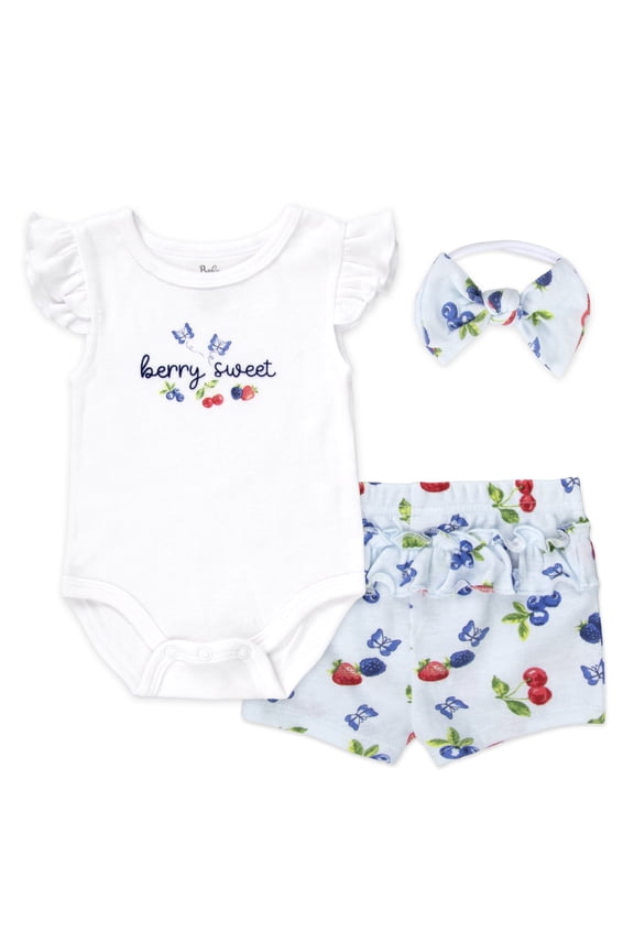 3 Months Infant Girls Bodysuit with Ruffle Shorts and Matching Headband Hairbow Cotton Polyester Spring Summer Outfit in Berry Sweet