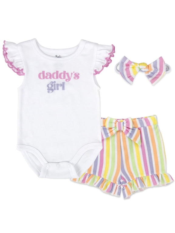 3 Months Infant Girls Bodysuit with Ruffle Shorts and Matching Headband Hairbow Cotton Polyester Spring Summer Outfit in Daddy's Girl