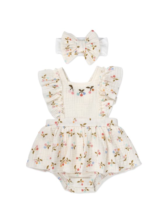 3 Months Infant Girls Romper with Matching Headband 100% Cotton Spring Summer Outfit in Off White Cherries
