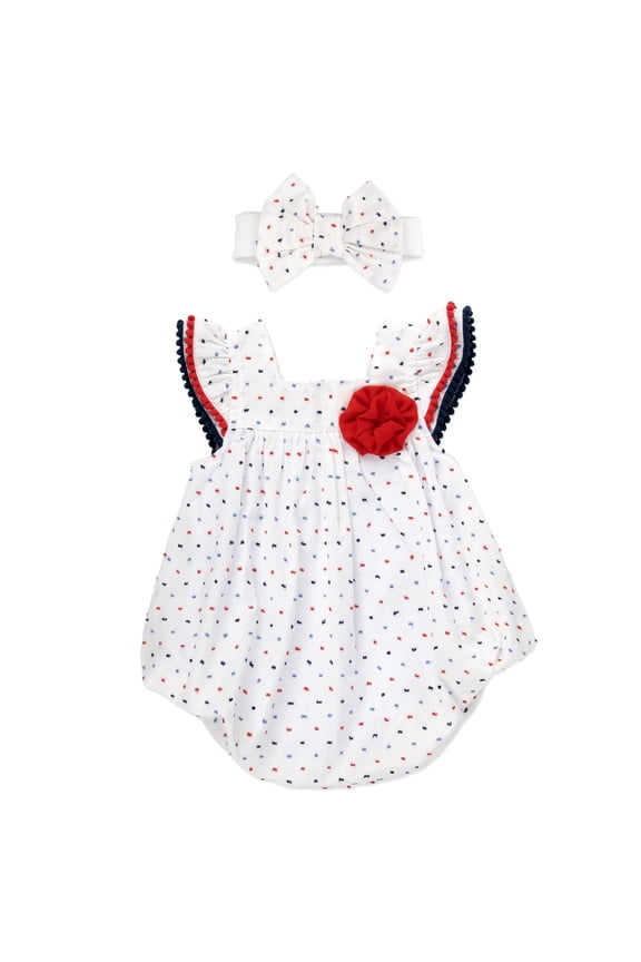 3 Months Infant Girls Romper with Matching Headband 100% Cotton Spring Summer Outfit in White Blue Red Rose