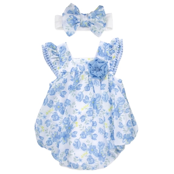 Baby Essentials 3 Months Infant Girls Romper with Matching Headband 100% Polyester Spring Summer Outfit in Blue Yellow Floral