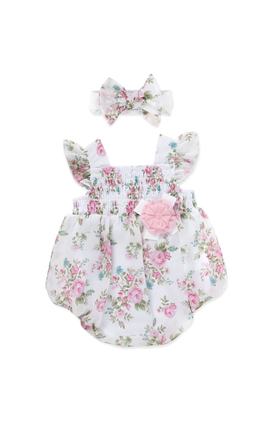3 Months Infant Girls Romper with Matching Headband 100% Polyester Spring Summer Outfit in Pink Floral