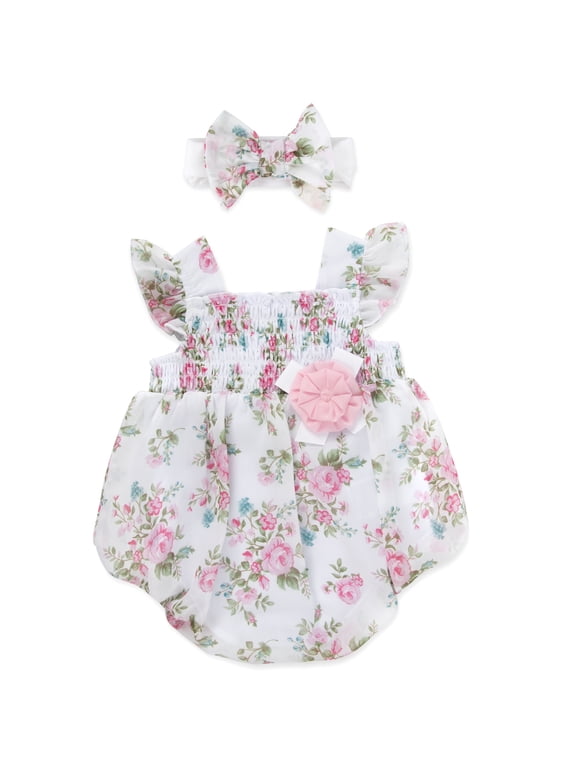 3 Months Infant Girls Romper with Matching Headband 100% Polyester Spring Summer Outfit in Pink Floral