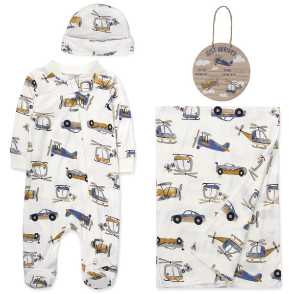 Baby Essentials 3 Months Newborn Boys Romper Footie Gift Set with Hat, Blanket & Wooden "Just Arrived" Announcement Sign in Aviator Airplanes