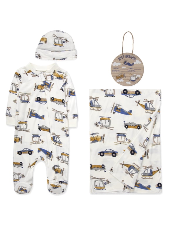 3 Months Newborn Boys Romper Footie Gift Set with Hat, Blanket & Wooden "Just Arrived" Announcement Sign in Aviator Airplanes
