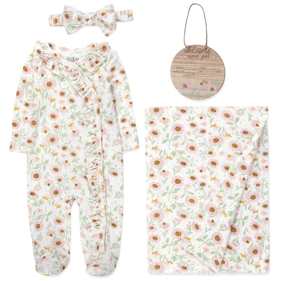 Baby Essentials 3 Months Newborn Girls Romper Footie Gift Set with Headband, Blanket & Wooden "Welcome Sweet Girl" Announcement Sign in Daisy Pink