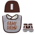 thumbnail image 1 of Baby Essentials Bib, Booties & Cap Gift Set – 3pc Football “Game Day” Outfit for Boys & Girls – Fall Tailgating & Sports Baby Gift, 1 of 7