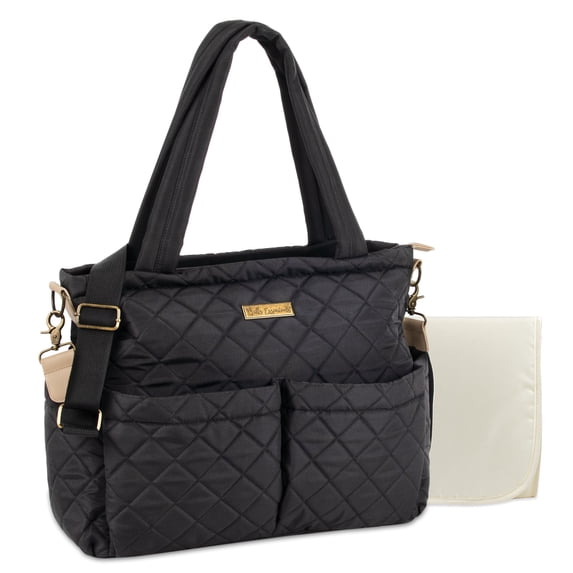 Baby Essentials 3 Piece Multi-Pocket Quilted Diaper Bag Tote with Removable Luggage Strap and Matching Changing Pad in Black