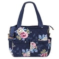 thumbnail image 1 of Baby Essentials 3 Piece Multi-Pocket Quilted Diaper Bag Tote with Removable Luggage Strap and Matching Striped Changing Pad in Navy Blue Floral, 1 of 7