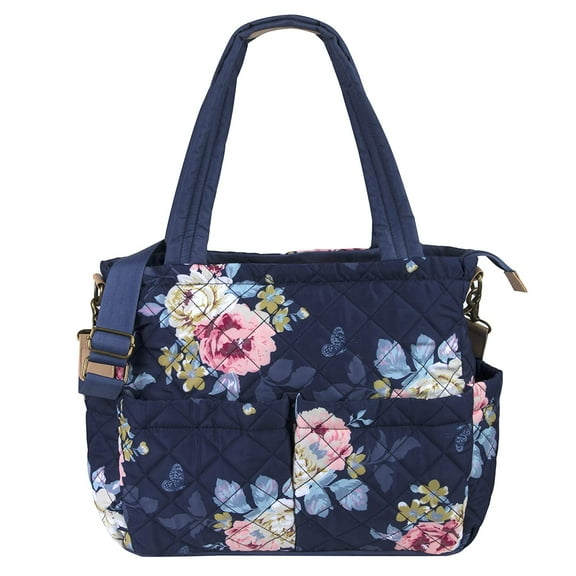 Baby Essentials 3 Piece Multi-Pocket Quilted Diaper Bag Tote with Removable Luggage Strap and Matching Striped Changing Pad in Navy Blue Floral