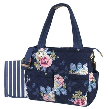 Baby Essentials 3 Piece Multi-Pocket Quilted Diaper Bag Tote with Removable Luggage Strap and Matching Striped Changing Pad in Navy Blue Floral