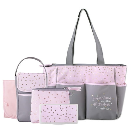 Baby Essentials Stars 5-Piece Diaper Bag Set - pink/gray, one size