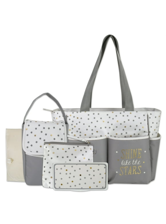 Baby Essentials 5 Piece Multi-Pocket Diaper Bag Tote with Matching Changing Pad, Wipes Case, Insulated Bottle Bag & Organizer Pouch for Newborns, Infants & Toddlers in Banana Cream & Gray Stars