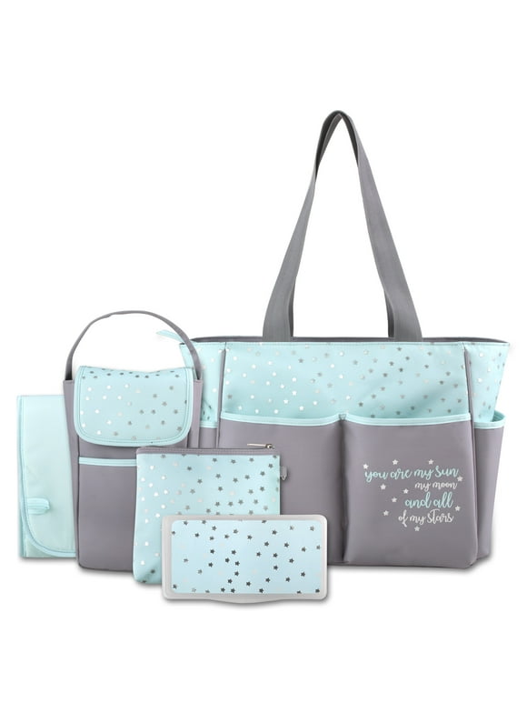 Baby Essentials 5 Piece Multi-Pocket Diaper Bag Tote with Matching Changing Pad, Wipes Case, Insulated Bottle Bag & Organizer Pouch for Newborns, Infants & Toddlers in Seafoam Green & Gray Stars