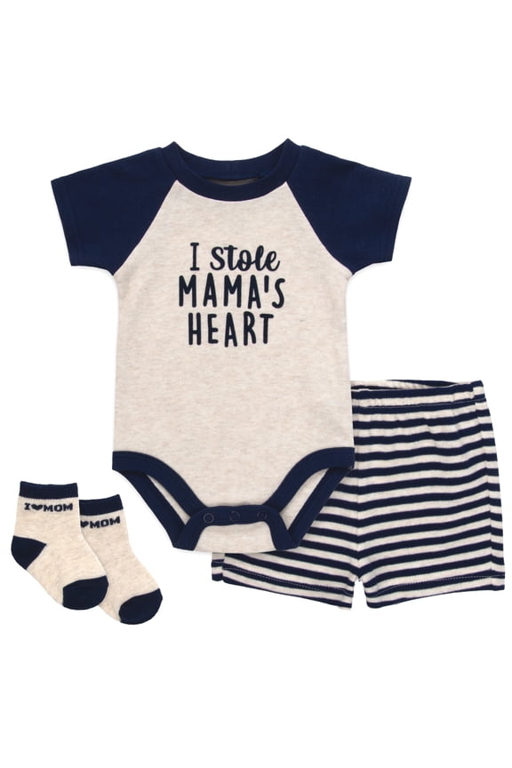 6 Months Infant Boys 3 Piece Bodysuit, Shorts, Socks Set Spring Summer Cotton Polyester Outfit in I Stole Mama's Heart Print