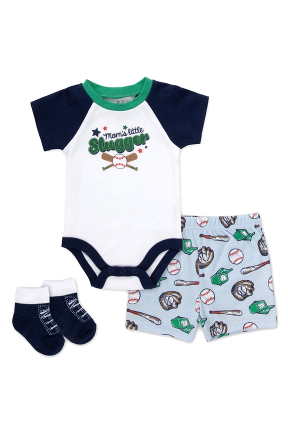6 Months Infant Boys 3 Piece Bodysuit, Shorts, Socks Set Spring Summer Cotton Polyester Outfit in Mommy's Little Slugger Print