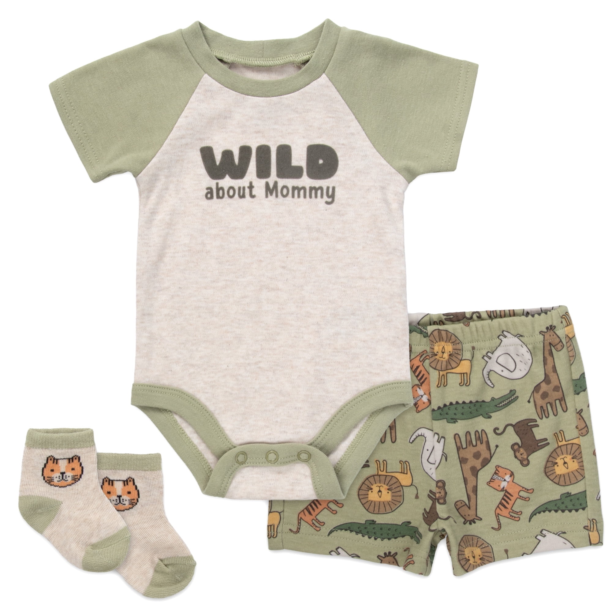 6 Months Infant Boys 3 Piece Bodysuit, Shorts, Socks Set Spring Summer Cotton Polyester Outfit in Wild About Mommy Print