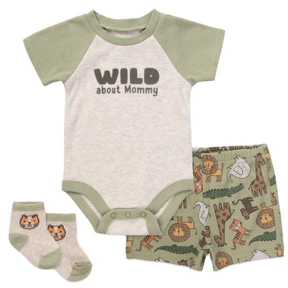 Baby Essentials 6 Months Infant Boys 3 Piece Bodysuit, Shorts, Socks Set Spring Summer Cotton Polyester Outfit in Wild About Mommy Print