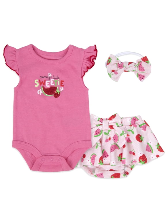 6 Months Infant Girls 3 Piece Bodysuit, Bloomers, Headband Hairbow Cotton Polyester Spring Summer Outfit in Pink Strawberry Watermelon
