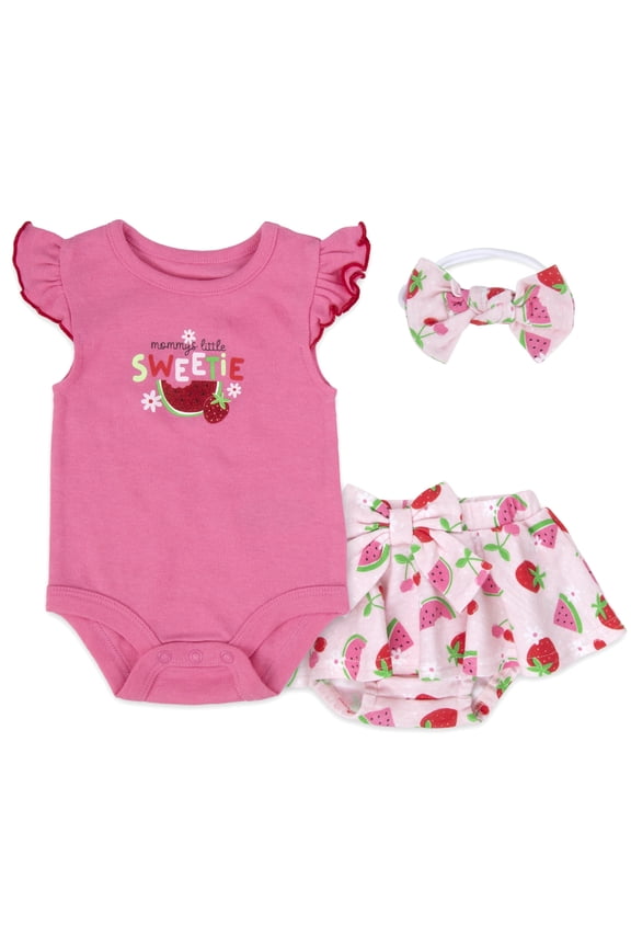 6 Months Infant Girls 3 Piece Bodysuit, Bloomers, Headband Hairbow Cotton Polyester Spring Summer Outfit in Pink Strawberry Watermelon