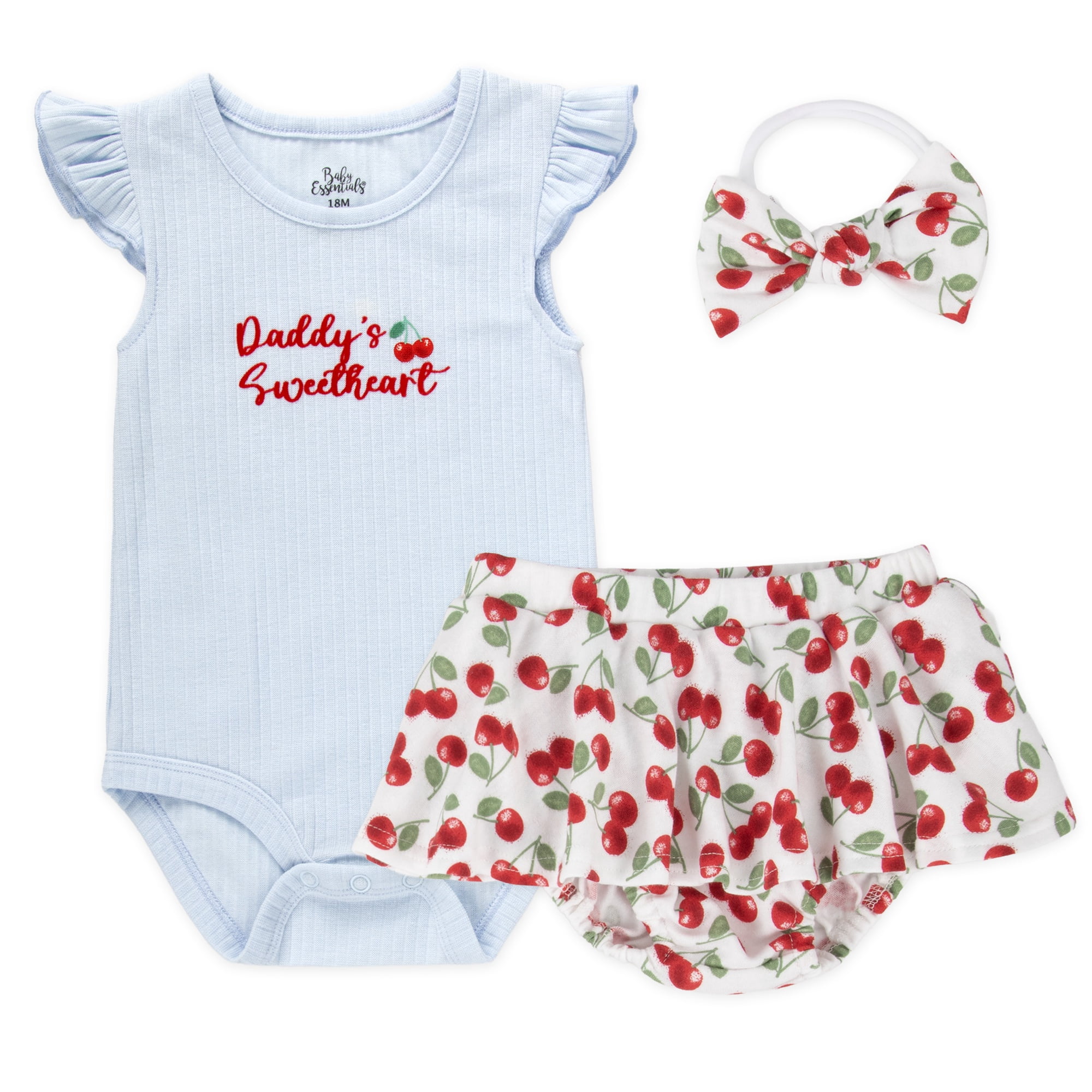 Baby Essentials 6 Months Infant Girls 3 Piece Bodysuit, Bloomers, Headband Hairbow Cotton Polyester Spring Summer Outfit in Red Cherries