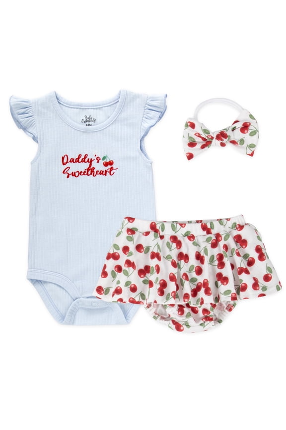 6 Months Infant Girls 3 Piece Bodysuit, Bloomers, Headband Hairbow Cotton Polyester Spring Summer Outfit in Red Cherries