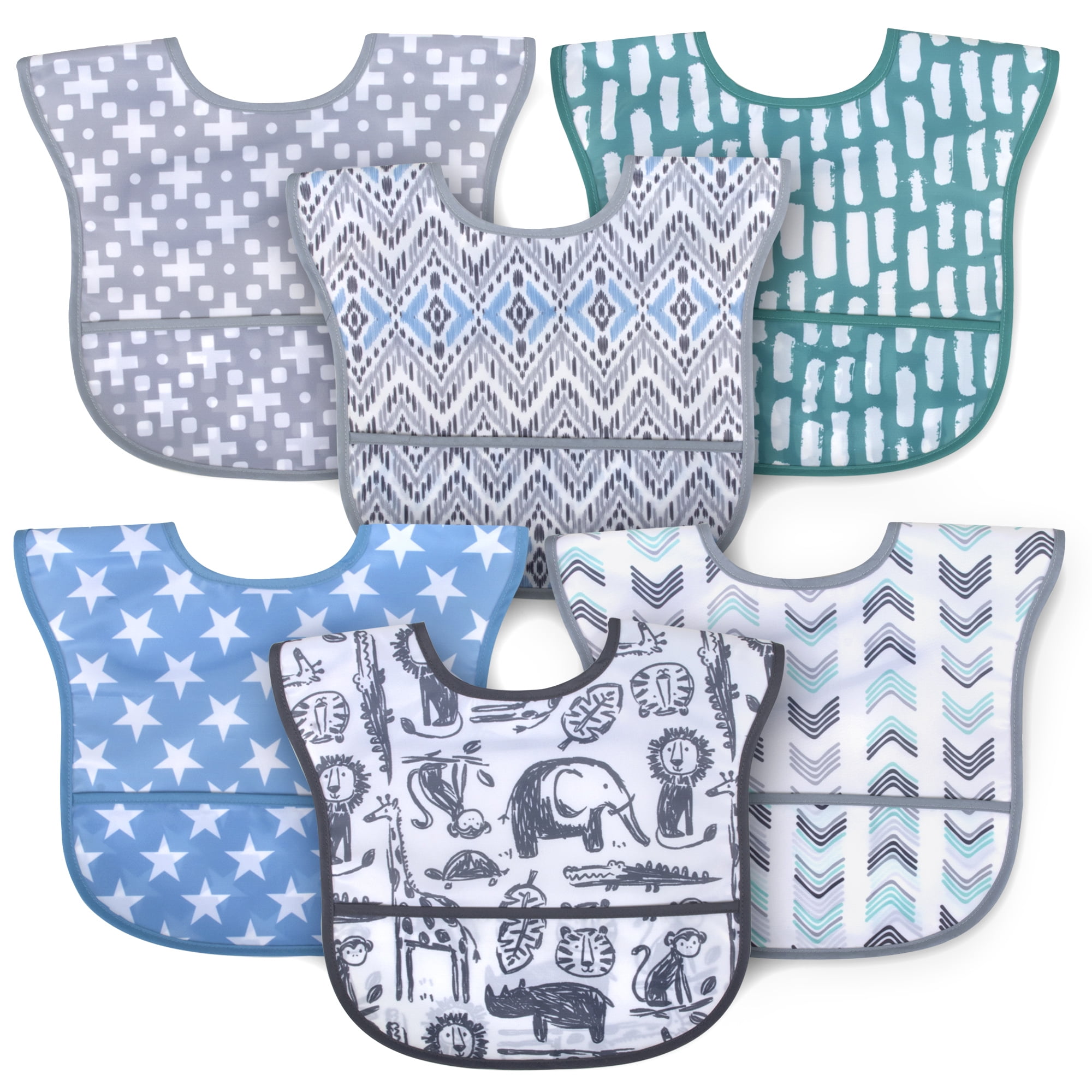 Baby Essentials 6 Pack of Adjustable Waterproof Baby Feeding Bibs with