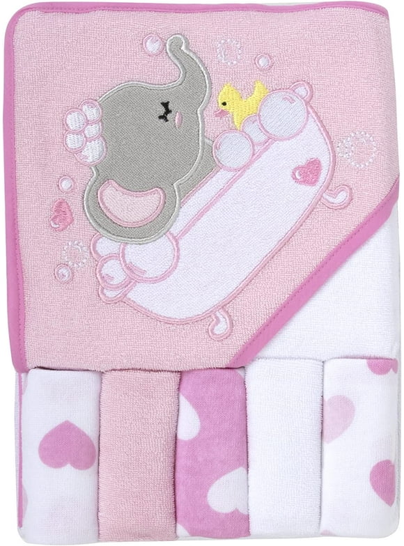 Baby Essentials 6 Piece Embroidered Hooded Cotton Bath Towel and Washcloth Set for Infants, Newborns and Toddlers 6 – 12 Months for Bath Time, Showers, Lounge, Beach and Pool in Effervescent Elephant