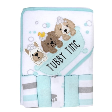 Baby Essentials 6 Piece Embroidered Hooded Cotton Bath Towel and Washcloth Set for Infants, Newborns and Toddlers 6 – 12 Months for Bath Time, Showers, Lounge, Beach and Pool in Pristine Pups
