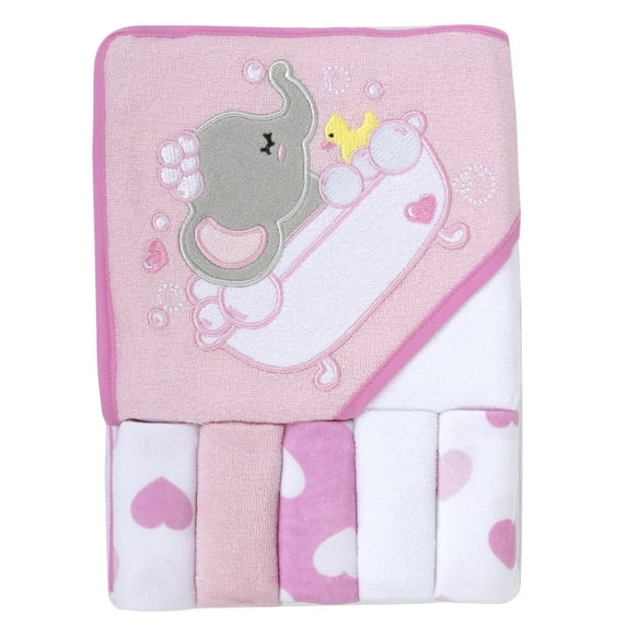 Baby Essentials 6 Piece Bath Towel Washcloth Set Infants Toddlers 6 – 12 Months Bath, Shower, Beach, Pool in Effervescent Elephant