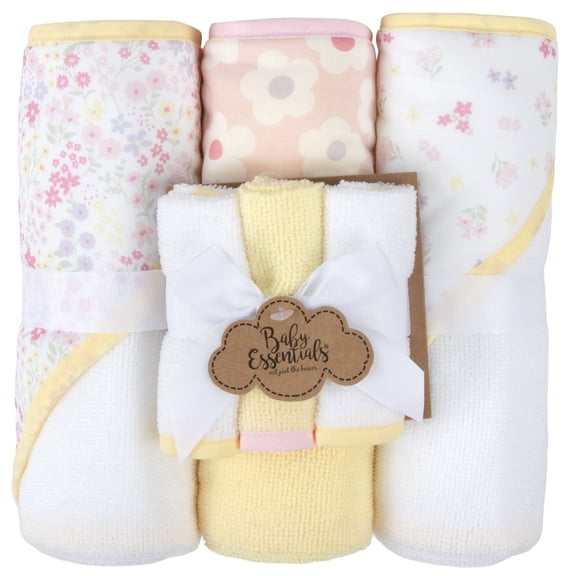 Baby Essentials 6 Piece Hooded Bath Towel Washcloth Set for Infant, Newborns, Toddlers 3 – 24 Months for Bath Time, Showers, Lounge, Beach, Pool in Daisy Flowers