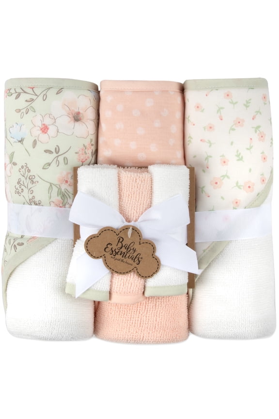 6 Piece Hooded Bath Towel Washcloth Set for Infant, Newborns, Toddlers 3 – 24 Months for Bath Time, Showers, Lounge, Beach, Pool in Floral Pink