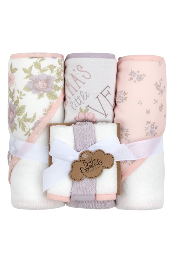 6 Piece Hooded Bath Towel Washcloth Set for Infant, Newborns, Toddlers 3 – 24 Months for Bath Time, Showers, Lounge, Beach, Pool in Mama's Little Love Print