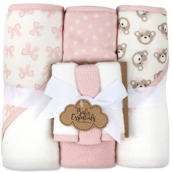 Baby Essentials 6 Piece Hooded Bath Towel Washcloth Set for Infant, Newborns, Toddlers 3 – 24 Months for Bath Time, Showers, Lounge, Beach, Pool in Pink Bows & Teddy Bears
