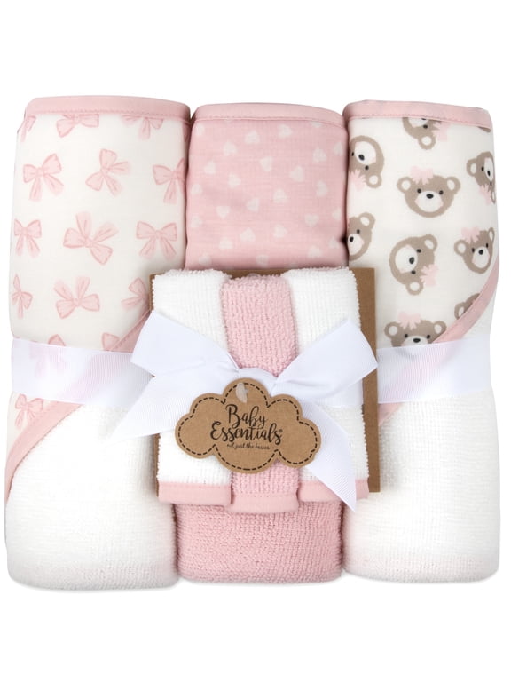 6 Piece Hooded Bath Towel Washcloth Set for Infant, Newborns, Toddlers 3 – 24 Months for Bath Time, Showers, Lounge, Beach, Pool in Pink Bows & Teddy Bears