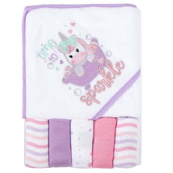 Baby Essentials 6 Piece Bath Towel Washcloth Set Infants Toddlers 6 – 12 Months Bath, Shower, Beach, Pool in Sparkle Magic Unicorn