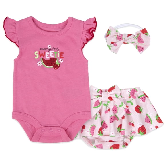 Baby Essentials 9 Months Infant Girls 3 Piece Bodysuit, Bloomers, Headband Hairbow Cotton Polyester Spring Summer Outfit in Pink Strawberry Watermelon