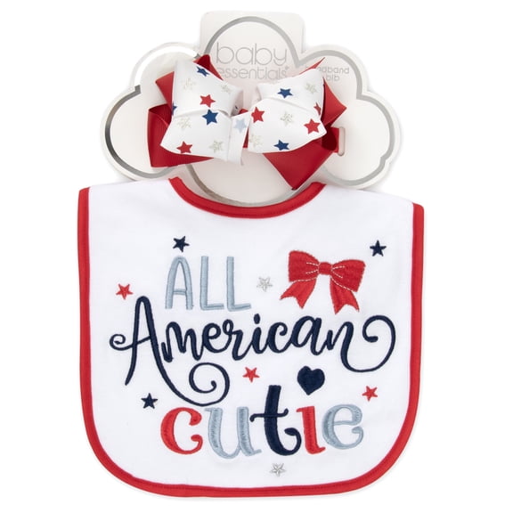 Baby Essentials All American Cutie Bib & Bow Headband Set – My First 4th of July Baby Girl Patriotic Gift Set, Red White Blue Infant Accessory