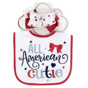 Baby Essentials All American Cutie Bib & Bow Headband Set – My First 4th of July Baby Girl Patriotic Gift Set, Red White Blue Infant Accessory