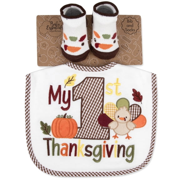 Baby Essentials Baby Bib & Bootie Sock Set – First Thanksgiving Accessory Gift for Newborns & Infants (White My 1st Thanksgiving, 0-12 months)